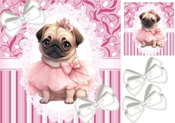 Cute Ballerina Pug On Lace/Pink Stripe 8x8 With Bows