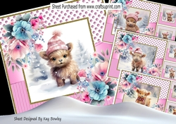 4 Baby Highland Cows In Christmas Pink Dotty 8x8 Frame Mini Kit