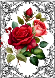 Black Ornate Scroll Gothic A4 Card With Red Roses