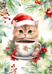 Cute Kitty In A Teacup Red Berry & Holly A4 Frame (One)
