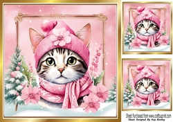 Lovely Cat in Hat & Scarf Pink Christmas 8x8 Frame (Three)
