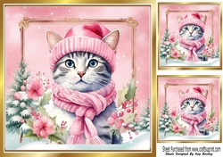 Lovely Cat in Hat & Scarf Pink Christmas 8x8 Frame (Four)