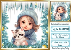 Lovely Little Girl With Her Kitten In The Snow 8x8 (Four)