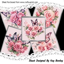 5 Pretty Pink Roses With Butterflies In Silver Frames 8x8 Cards Mini Kit
