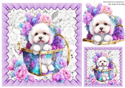Cute White Puppy In Basket Of Purple Roses 8x8 (One)