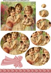 Vintage Girls with Puppy Oval Pyramids