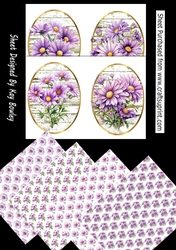 4 Pretty Purple Flowers Whitewash Effect Toppers, 4 A4 Backing Papers Mini Kit