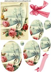 Beautiful Pink Roses with Scene on a Scroll , Oval Pyramids