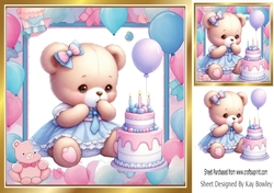 Pretty Birthday Teddy With Pink/Blue Balloons 8x8 Frame (One)