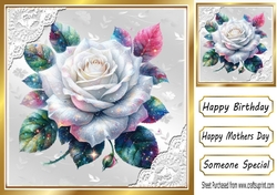 White Glitter Rose Silver Gold With Lace 8X8 Card