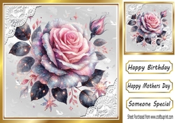 Pink Glitter Rose Silver Gold With Lace 8X8 Card