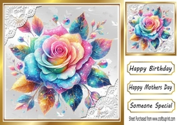 Rainbow Glitter Rose Silver Gold With Lace 8X8 Card
