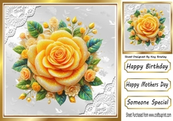 Yellow Glitter Rose Silver Gold With Lace 8X8 Card