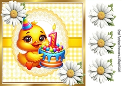 Cute Yellow Birthday Duck (AGED ONE) With Daisies in Yellow Gingham 8x8