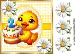 Cute Yellow Birthday Duck (AGED TWO) With Daisies in Yellow Gingham 8x8