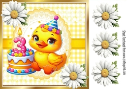Cute Yellow Birthday Duck (AGED THREE) With Daisies in Yellow Gingham 8x8