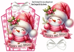 Cute Snowman Pink Snowflake Art Deco Topper With Bow A5 (ONE)
