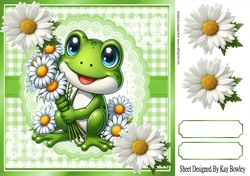 Cute Frog With Daisies Card Front Green Gingham 8X8 Frame (ONE)