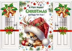 White Gate Fold WIth Red Bows & Bells Sweet Deer In Santa Hat