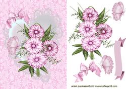 Pink Flowers on White Satin Heart