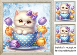 Cute White Kitty In Blue Polkadot Teacup 8X8 Toppers