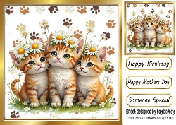 Cute Three Kittens With Daisies 8x8 (THREE)