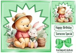 Lovely Pooh Bear With A Bunny 8x8 Card Front (Green)