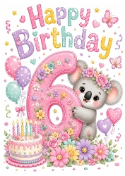 Lovely A4 Birthday Card, With Flowers And Cake (SIX YR OLD)