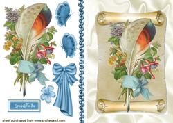 Feather and Blue Bow on a Scroll