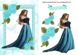 Pretty Lady in Blue Dress, with Blue Roses