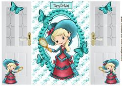 Cute Little Vintage Lady with Blue Butterflies, Gatefold