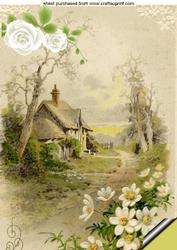 Country Cottage with White Flowers, A4 Topper