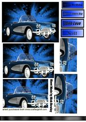 Blue Sports Car on Blue Abstract Star Background, Pyramids