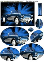 Blue Sports Car on Abstract Star Background, Oval Pyramids