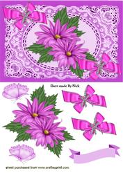 Pink Flowers and Pink Bows, in Lace Frame