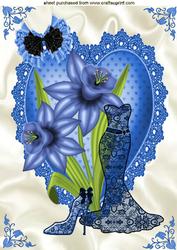 Blue Lace Dress , with Blue Daffodils on Heart, A4 Topper