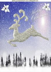 Silver Reindeer Flying Over a Snowy Woodland A4