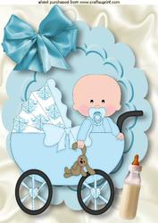 Baby Boy in a Pram, on Scalloped Frame A4
