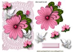 Pink Flowers on Vintage Lace with Doves