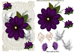 Purple Flower, White Doves, on Ecru Lace