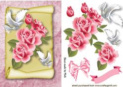 Pink Roses and Doves on a Scroll