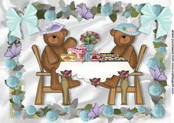 Teddies Little Tea Party in Blue Rose Frame A4