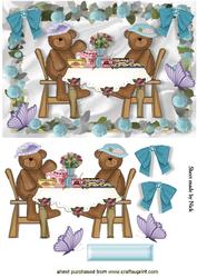 Teddies Having a Tea Party, in Blue Rose Frame