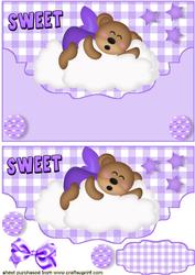 Sleeping Teddy on a Cloud on Purple Scalloped Envelope
