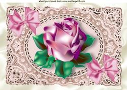 Pink Single Rose on Ecru Lace with Bows A4