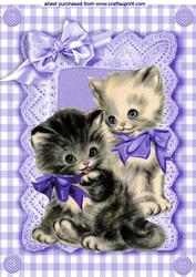 Sweet Little Kittens in Purple Gingham and Lace Frame