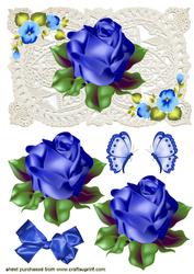 Blue Rose on Ecru Lace with Butterflies