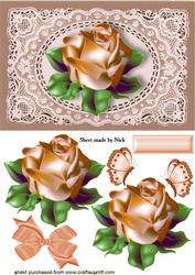 Gold Rose on Ecru Lace with Butterflies