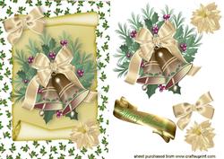 Christmas Gold Bells with Cream Bow on a Scroll
