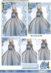 Pretty Lady in Blue Gown with Blue Roses, Pyramids